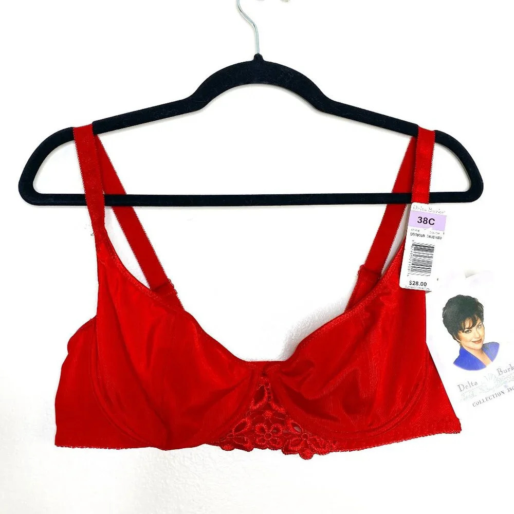 NWT Delta Burke Red Satin Bra 38C Unpadded Underwire Floral Lace Brassiere